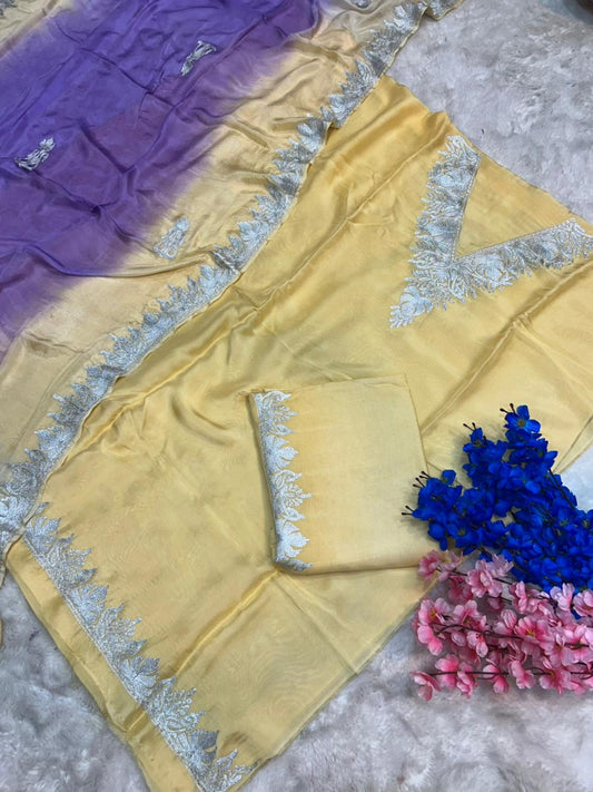 Silk Kashmiri Tilla Embroidered Suit (Unstitched)