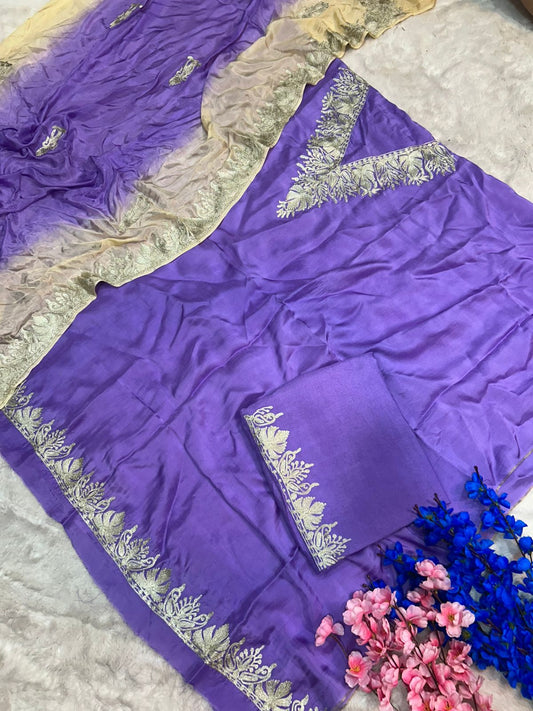 Silk Kashmiri Tilla Embroidered Suit (Unstitched)