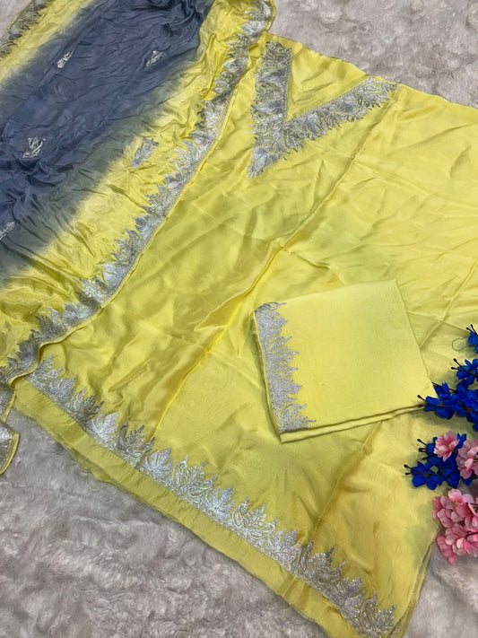 Silk Kashmiri Tilla Embroidered Suit (Unstitched)