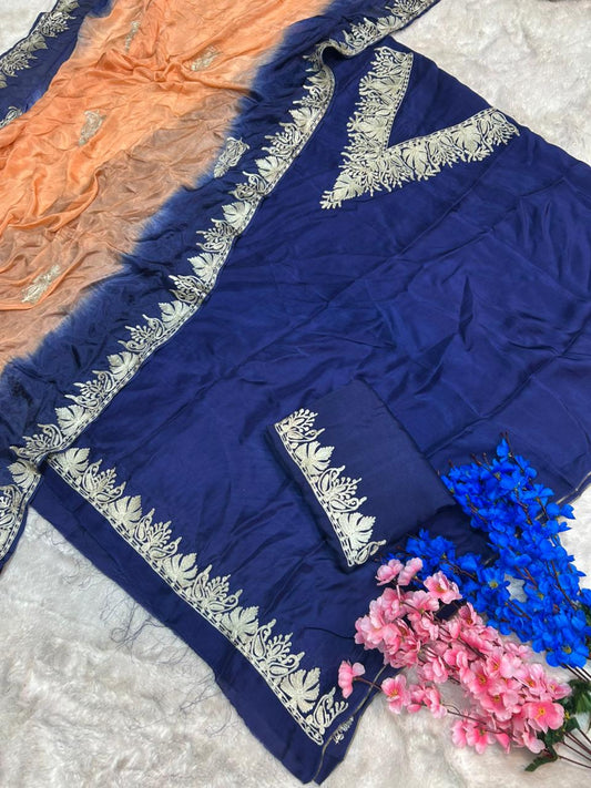 Silk Kashmiri Tilla Embroidered Suit (Unstitched)