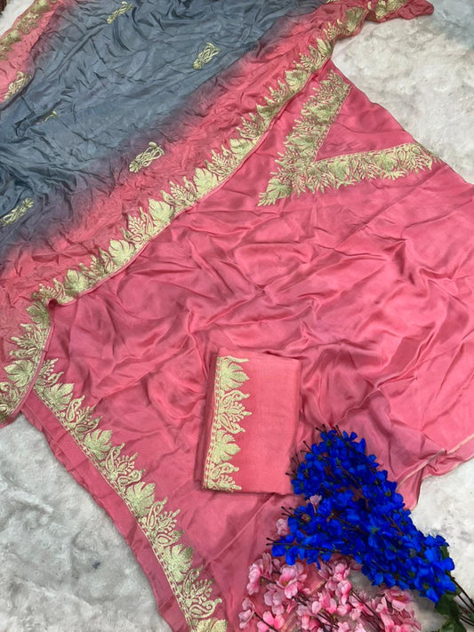 Silk Kashmiri Tilla Embroidered Suit (Unstitched)
