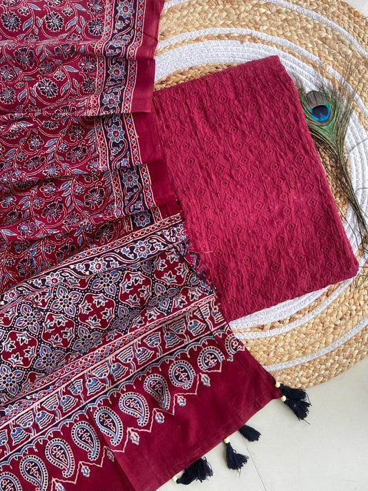 Cotton Hakoba top with Ajrakh print natural dyed dupatta (unstitched)