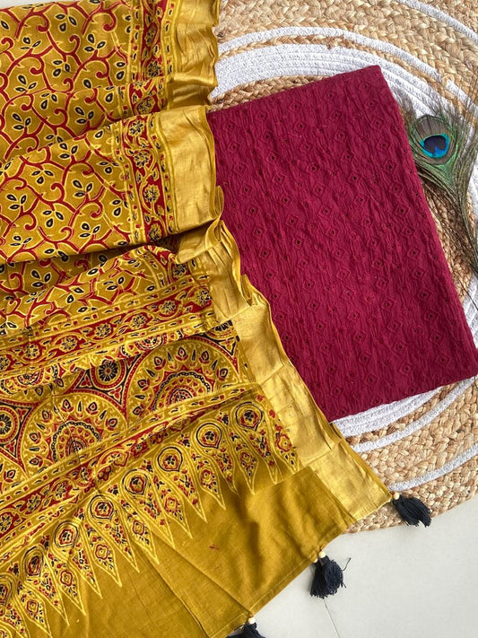Cotton Hakoba top with Ajrakh print natural dyed dupatta (unstitched)