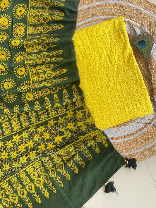 Cotton Hakoba top with Ajrakh print natural dyed dupatta (unstitched)