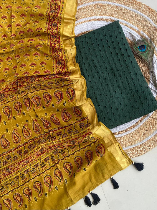 Cotton Hakoba top with Ajrakh print natural dyed dupatta (unstitched)