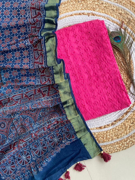 Cotton Hakoba top with Ajrakh print natural dyed dupatta (unstitched)