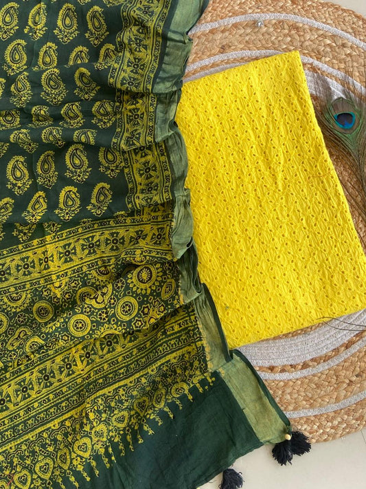 Cotton Hakoba top with Ajrakh print natural dyed dupatta (unstitched)