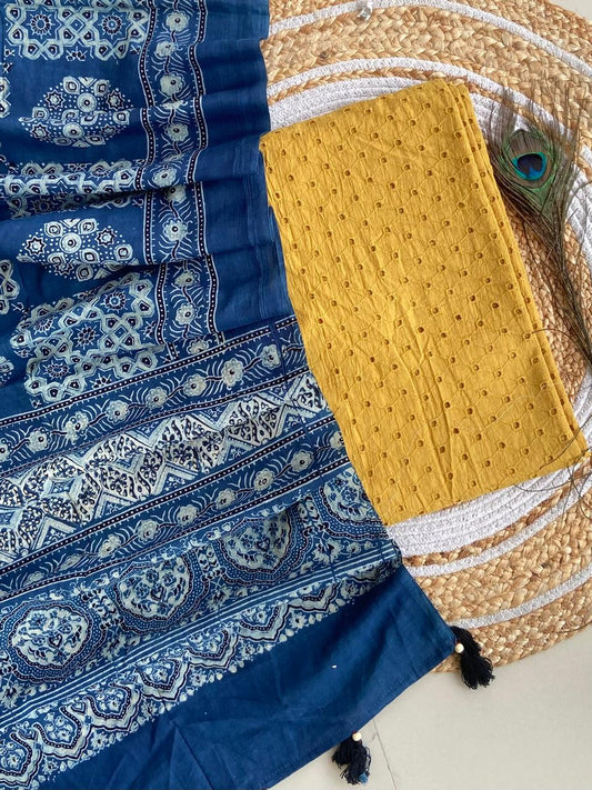 Cotton Hakoba top with Ajrakh print natural dyed dupatta (unstitched)