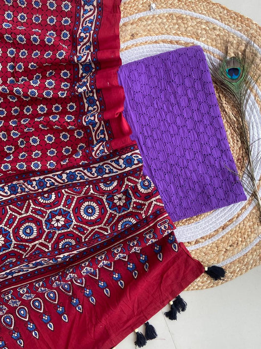 Cotton Hakoba top with Ajrakh print natural dyed dupatta (unstitched)