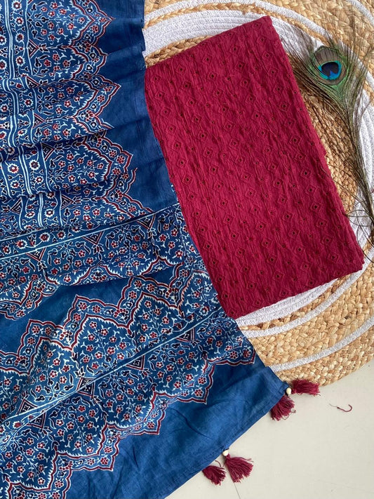 Cotton Hakoba top with Ajrakh print natural dyed dupatta (unstitched)