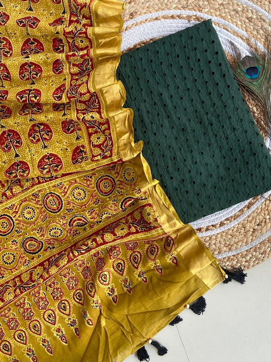 Cotton Hakoba top with Ajrakh print natural dyed dupatta (unstitched)