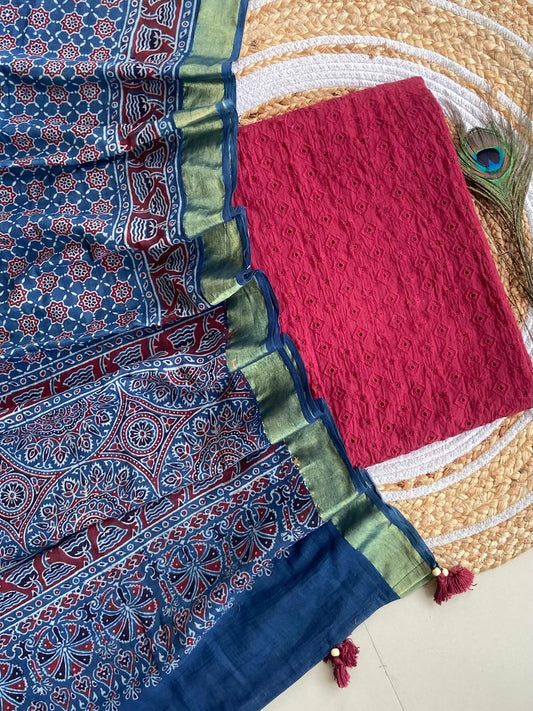 Cotton Hakoba top with Ajrakh print natural dyed dupatta (unstitched)