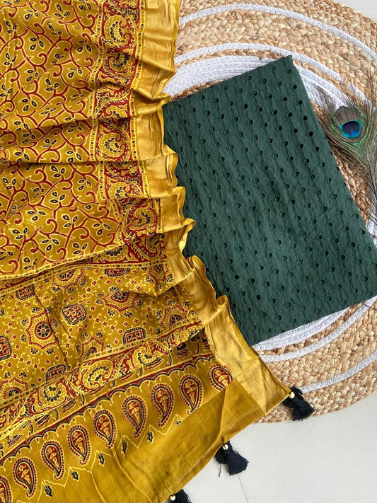 Cotton Hakoba top with Ajrakh print natural dyed dupatta (unstitched)