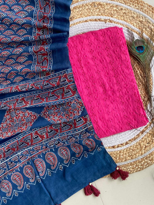 Cotton Hakoba top with Ajrakh print natural dyed dupatta (unstitched)