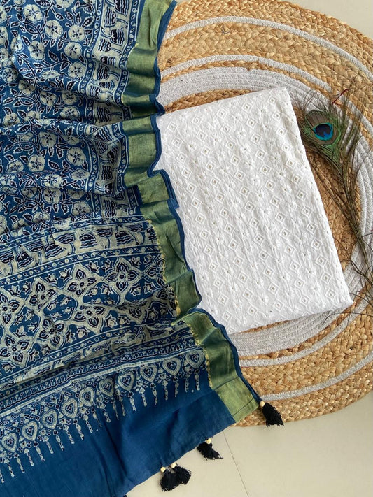 Cotton Hakoba top with Ajrakh print natural dyed dupatta (unstitched)