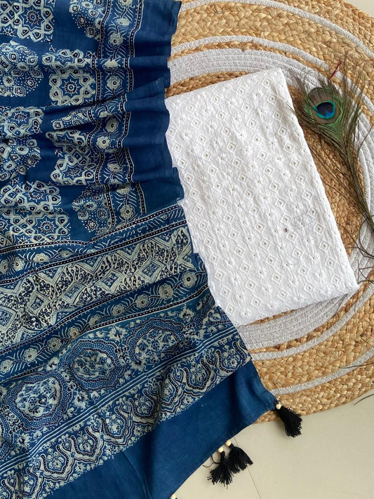 Cotton Hakoba top with Ajrakh print natural dyed dupatta (unstitched)