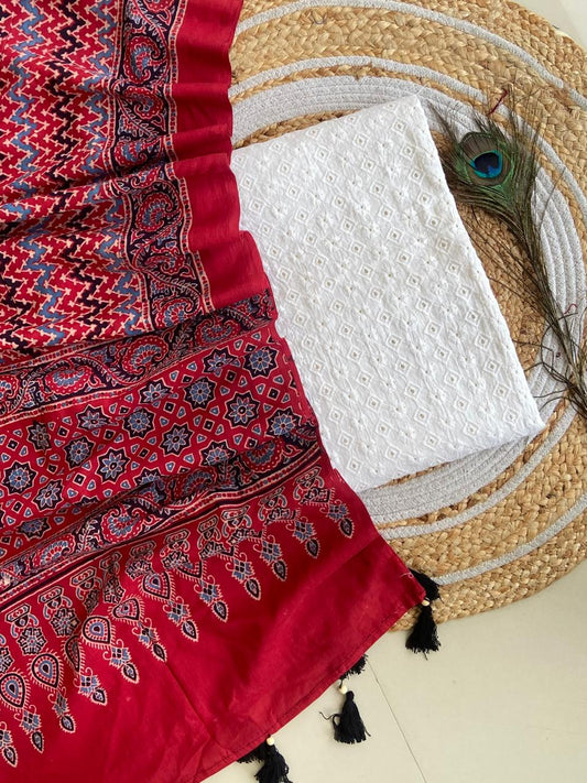 Cotton Hakoba top with Ajrakh print natural dyed dupatta (unstitched)