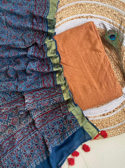 Cotton Hakoba top with Ajrakh print natural dyed dupatta (unstitched)