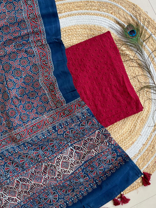 Cotton Hakoba top with Ajrakh print natural dyed dupatta (unstitched)