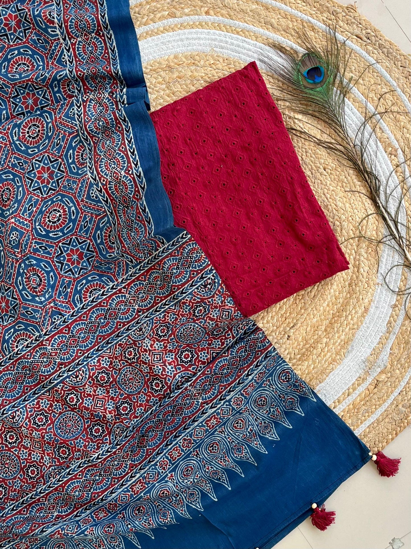 cotton hakoba top with ajrakh print natural dyed dupatta (unstitched)