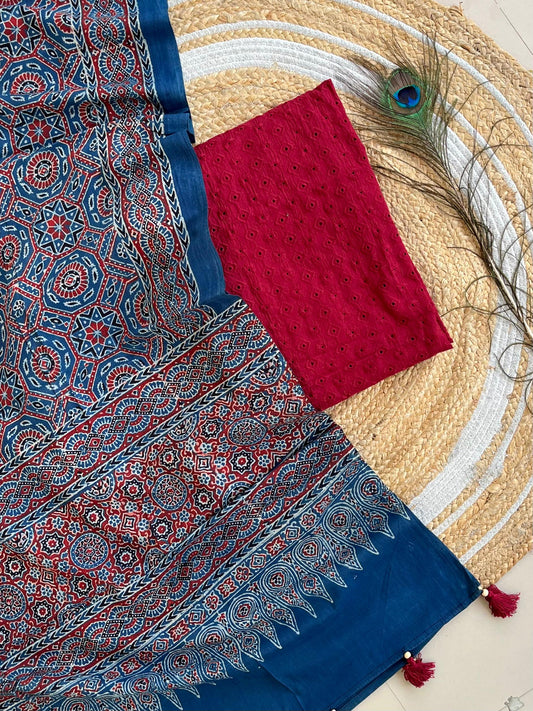 Cotton Hakoba top with Ajrakh print natural dyed dupatta (unstitched)