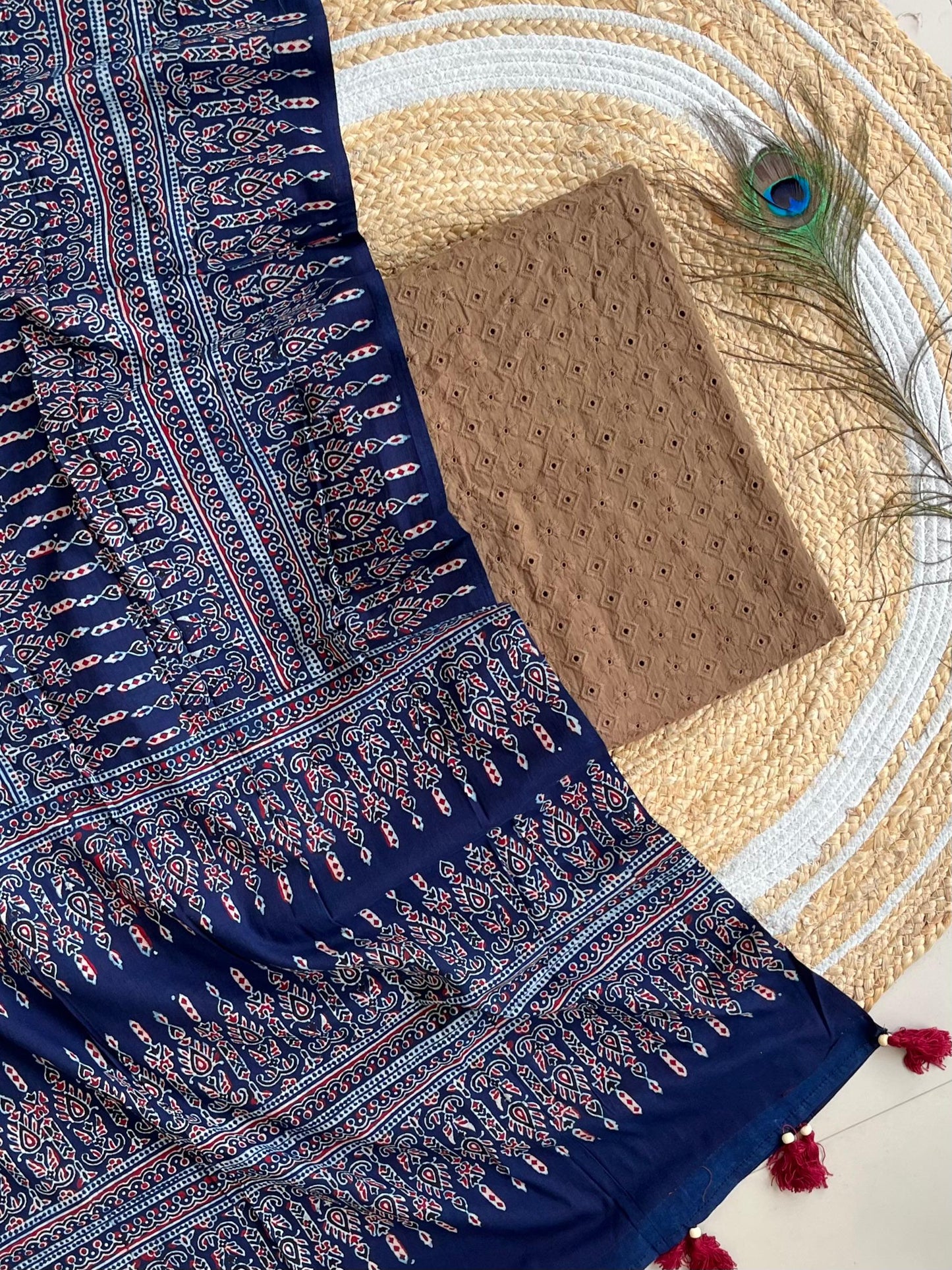 cotton hakoba top with ajrakh print natural dyed dupatta (unstitched)