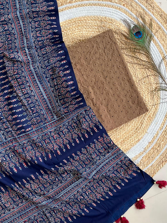 Cotton Hakoba top with Ajrakh print natural dyed dupatta (unstitched)