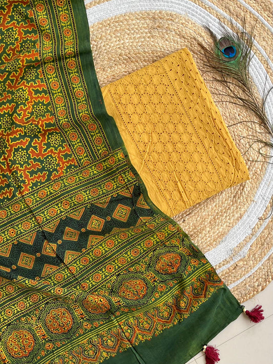 Cotton Hakoba top with Ajrakh print natural dyed dupatta (unstitched)