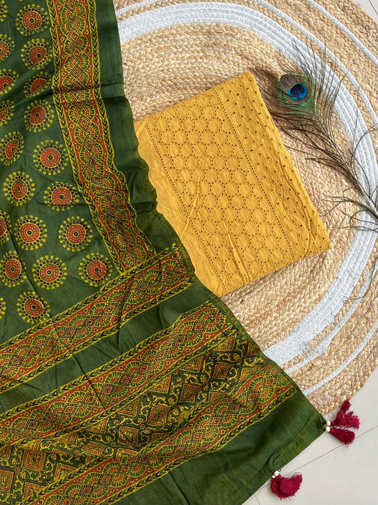Cotton Hakoba top with Ajrakh print natural dyed dupatta (unstitched)