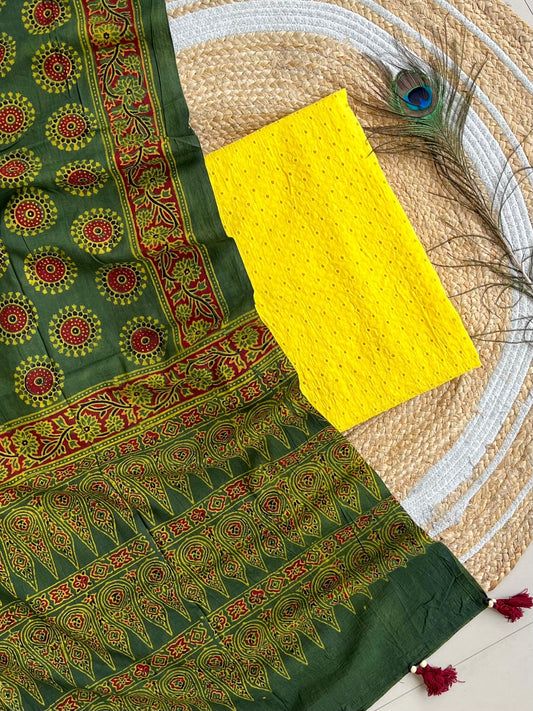Cotton Hakoba top with Ajrakh print natural dyed dupatta (unstitched)
