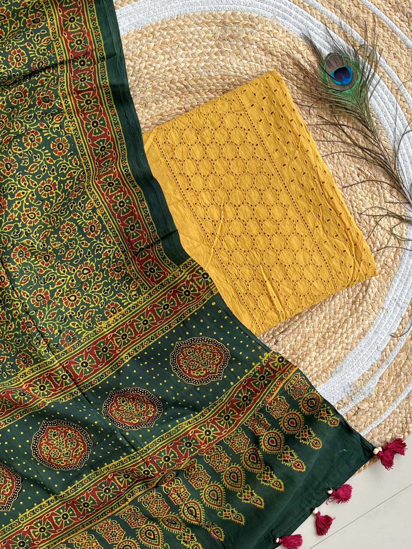 cotton hakoba top with ajrakh print natural dyed dupatta (unstitched)