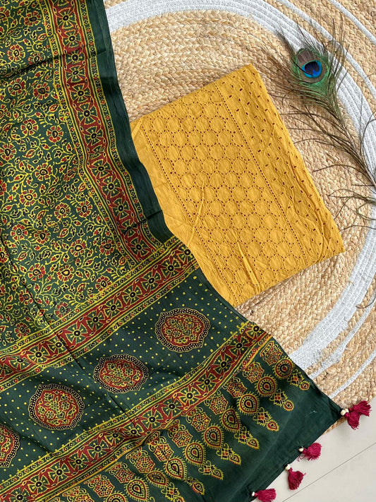 Cotton Hakoba top with Ajrakh print natural dyed dupatta (unstitched)
