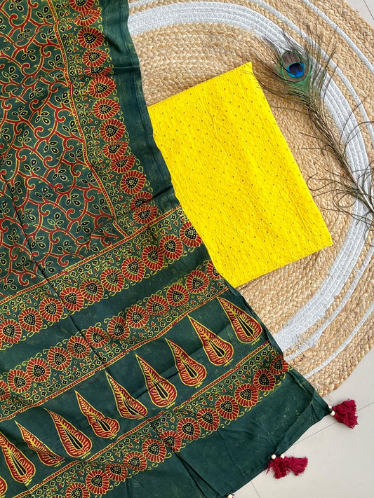 Cotton Hakoba top with Ajrakh print natural dyed dupatta (unstitched)