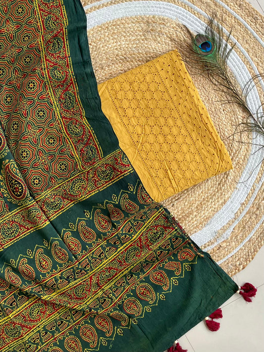 Cotton Hakoba top with Ajrakh print natural dyed dupatta (unstitched)