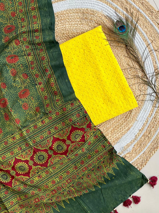 Cotton Hakoba top with Ajrakh print natural dyed dupatta (unstitched)