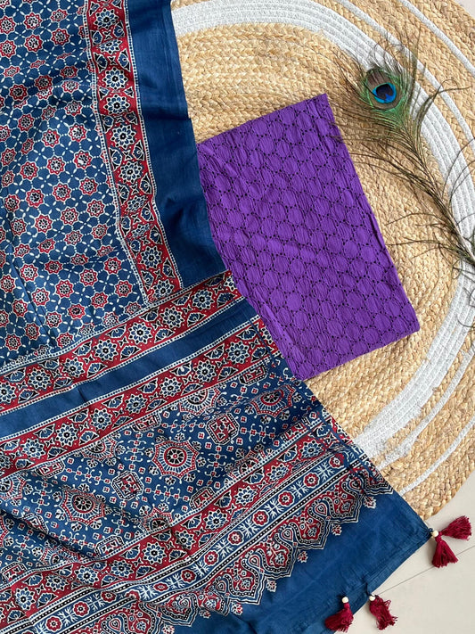 Cotton Hakoba top with Ajrakh print natural dyed dupatta (unstitched)