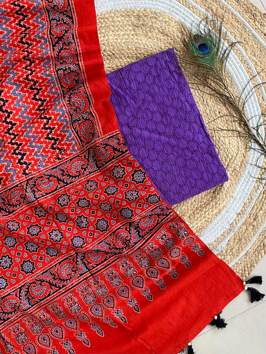 Cotton Hakoba top with Ajrakh print natural dyed dupatta (unstitched)