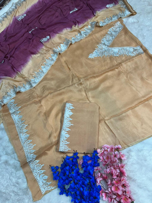 Silk Kashmiri Tilla Embroidered Suit (Unstitched)