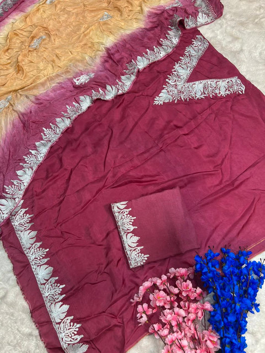 Silk Kashmiri Tilla Embroidered Suit (Unstitched)