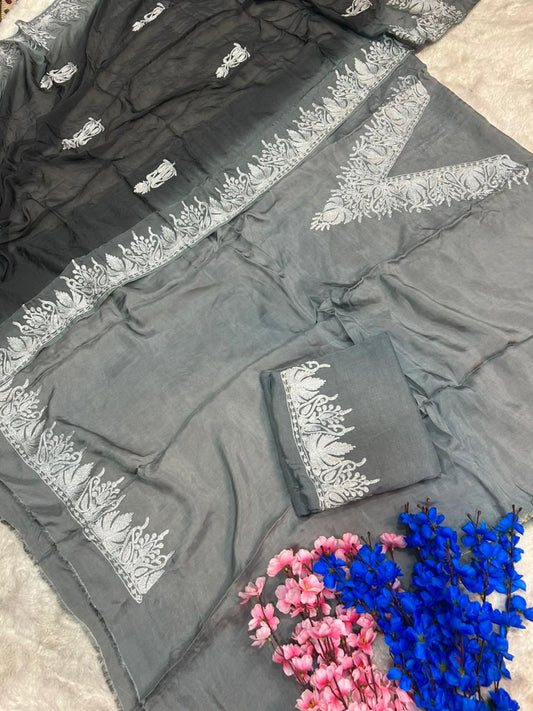 Silk Kashmiri Tilla Embroidered Suit (Unstitched)