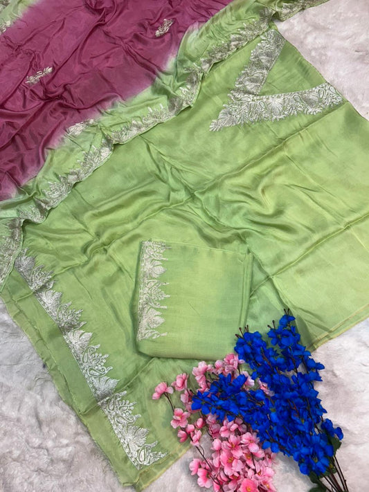 Silk Kashmiri Tilla Embroidered Suit (Unstitched)