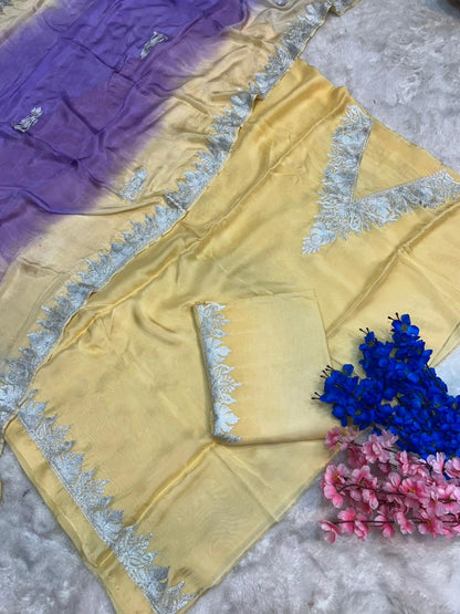 Silk Kashmiri Tilla Embroidered Suit (Unstitched)