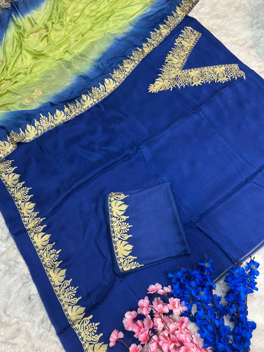 Silk Kashmiri Tilla Embroidered Suit (Unstitched)
