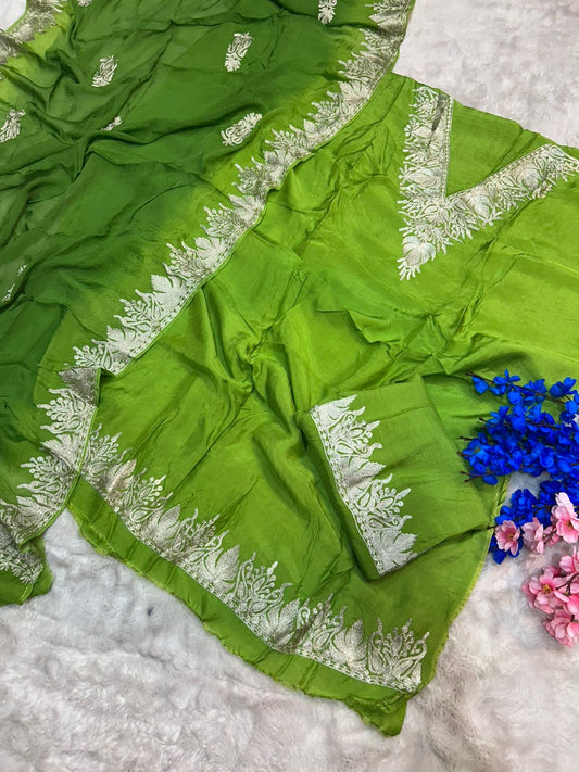 Silk Kashmiri Tilla Embroidered Suit (Unstitched)