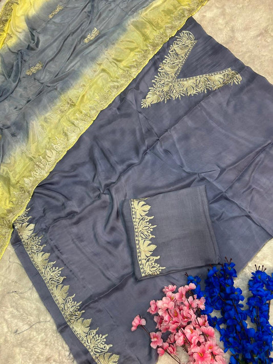 Silk Kashmiri Tilla Embroidered Suit (Unstitched)