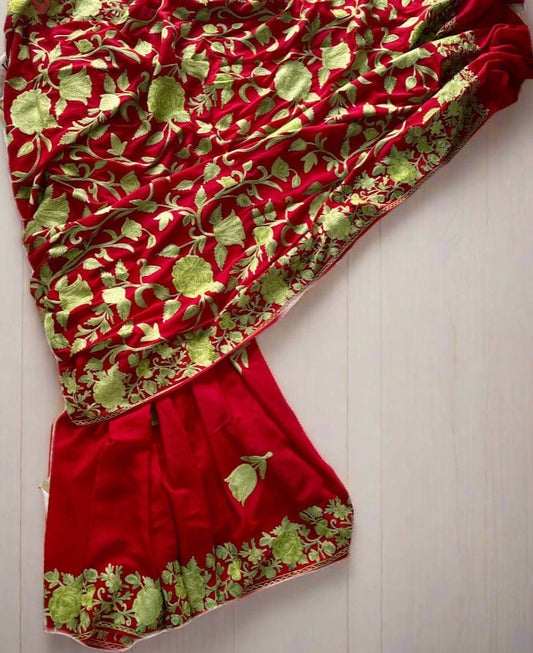 Red semi-crepe saree