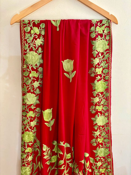 Red semi-crepe saree