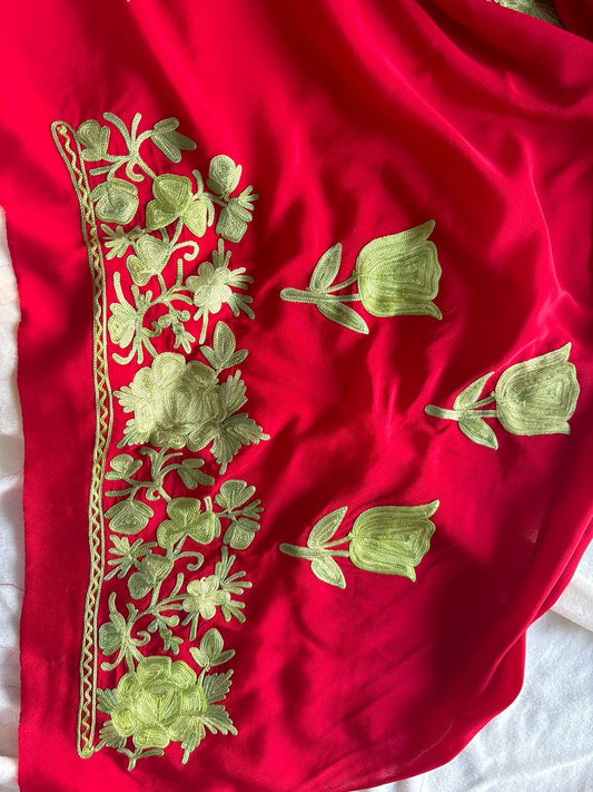 Red semi-crepe saree