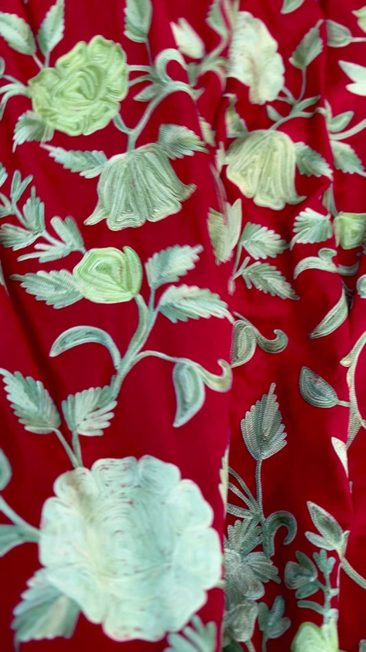 Red semi-crepe saree