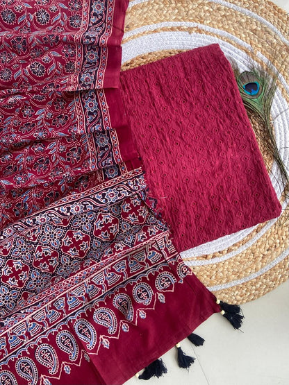 Cotton Hakoba top with Ajrakh print natural dyed dupatta (unstitched)
